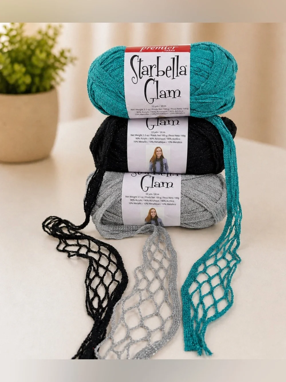 Premier Starbella Glam Yarn Lot of 3 Skeins Teal Black Silver Ruffle Scarf